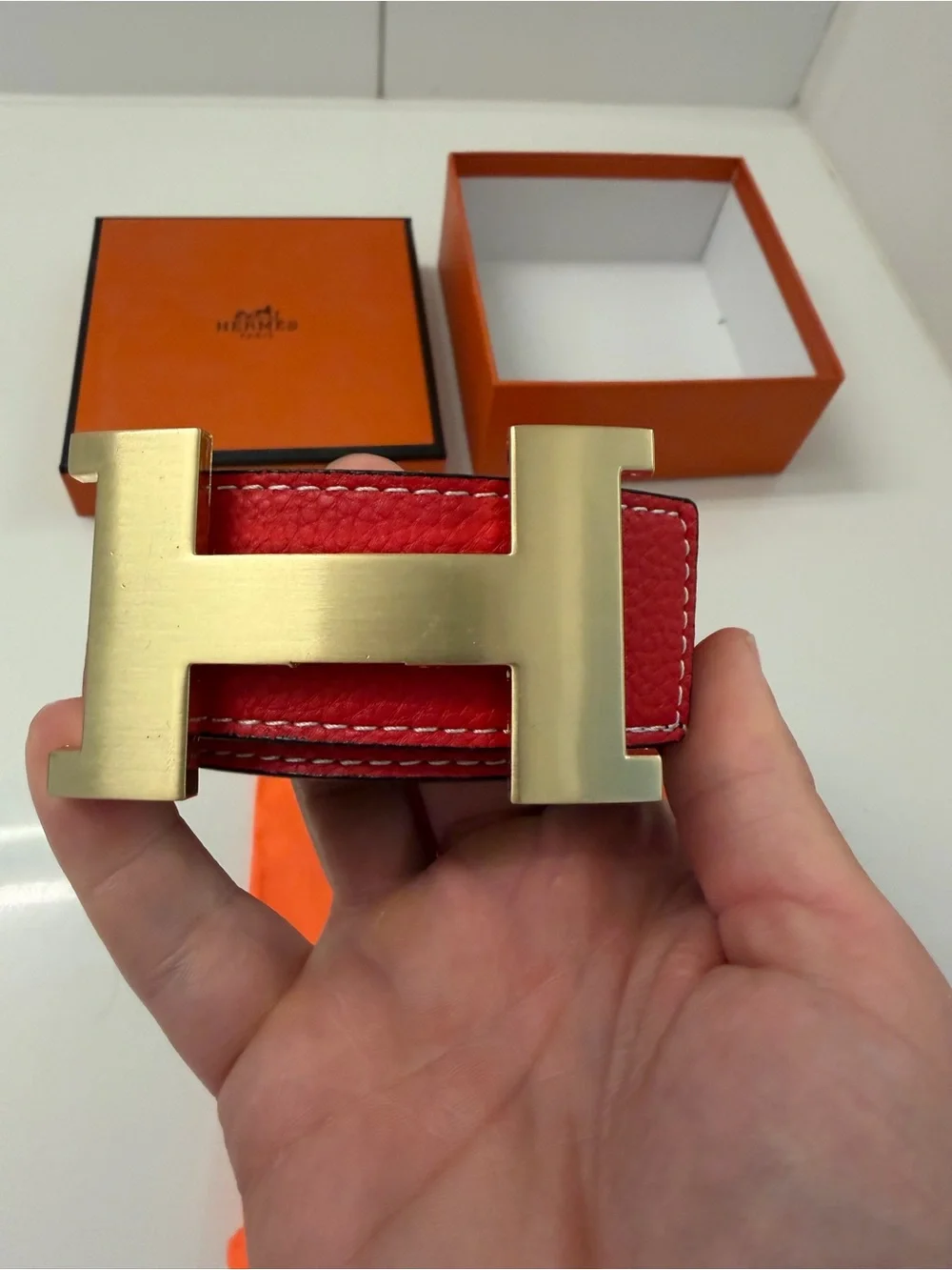 Hermès Reversible H Belt – Red & Black Leather, Gold H Buckle, Box & Dust Bag